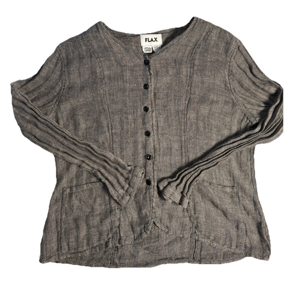 FLAX Women's Linen Black & White Herringbone Jacket Lagenlook Size Large EUC